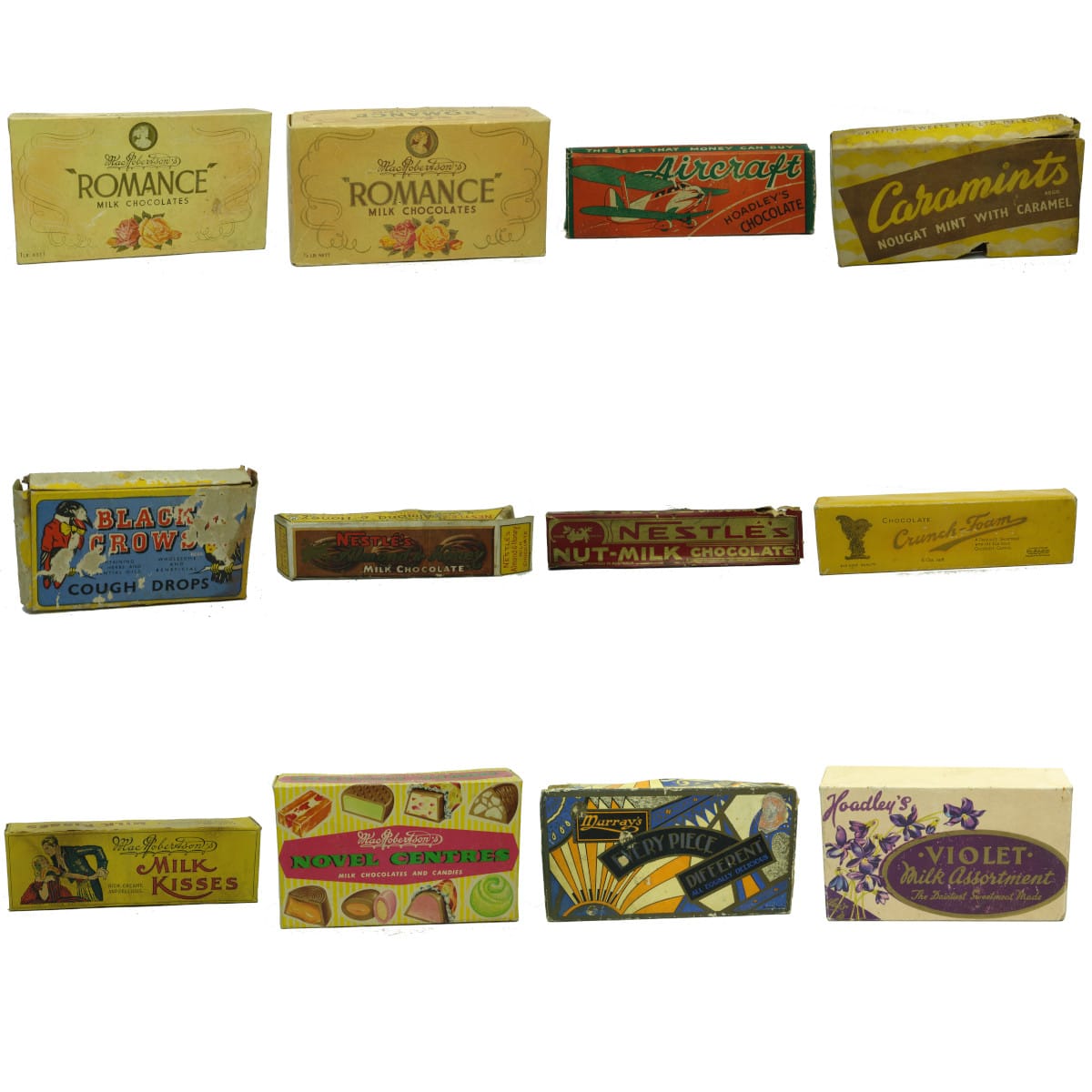 12 Cardboard Chocolates & Sweets Boxes: MacRobertson's; Hoadley's; Griffiths; Black Crows; Nestle's; Murray's.