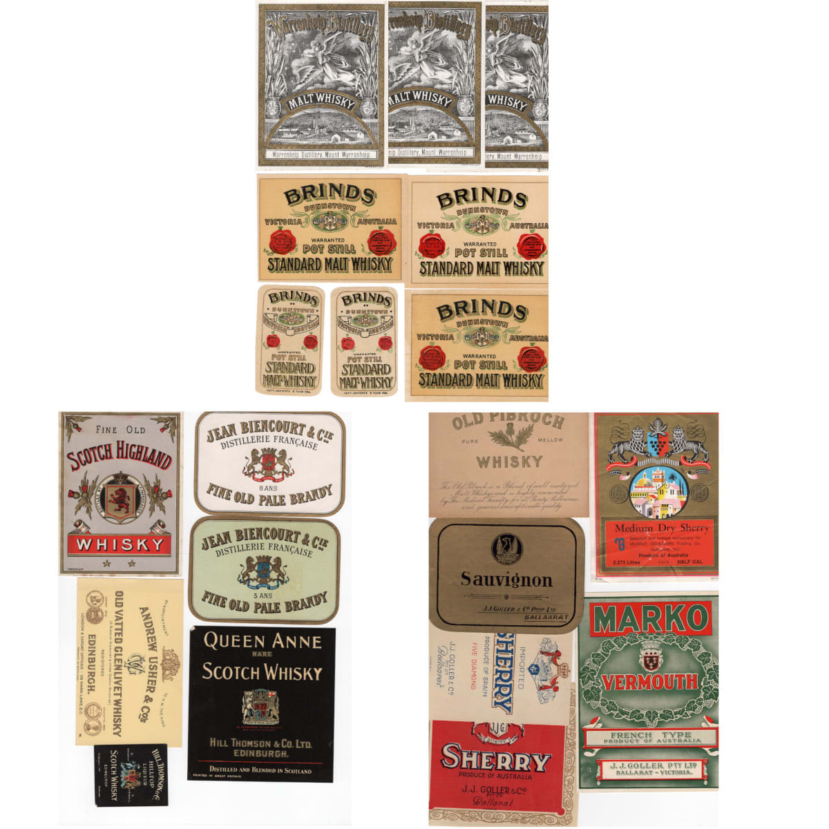 20 Labels: Goller, Ballarat; Papenhagen, Ballarat; Brind's, Warrenheip. Brandy, Whisky etc. (Victoria)