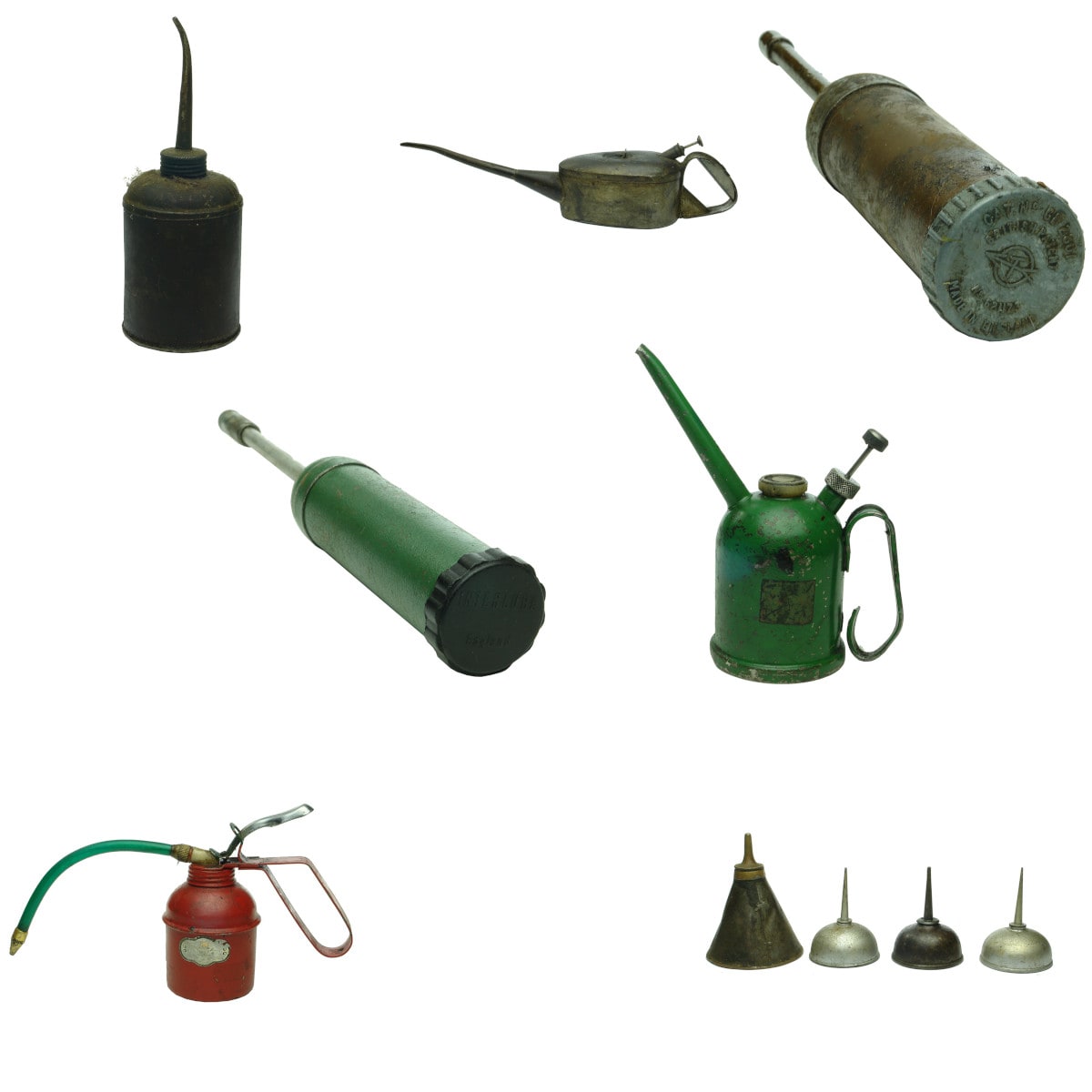 10 Oil Items: Six different Oilers/Grease Guns. Rega; Interlube; Unmarked etc. and 4 Small Oil Cans - Oilers. 3 x domed ones and early conical with brass fittings.
