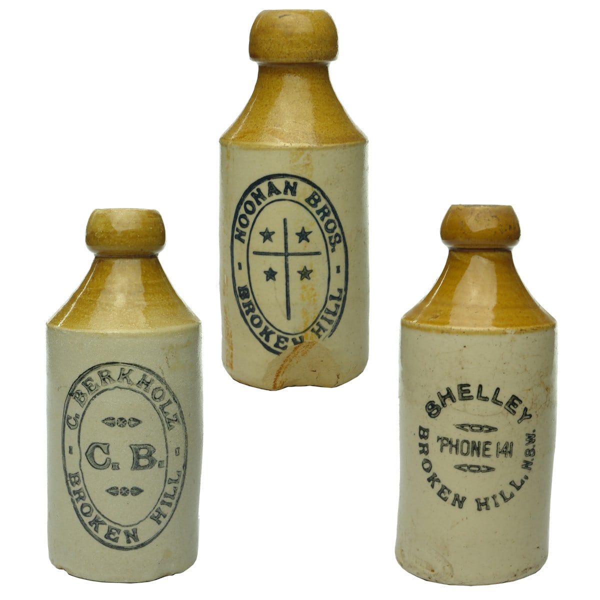 Three Broken Hill Ginger Beers: C. Berkholz; Noonan Bros. Shelley. (New South Wales)