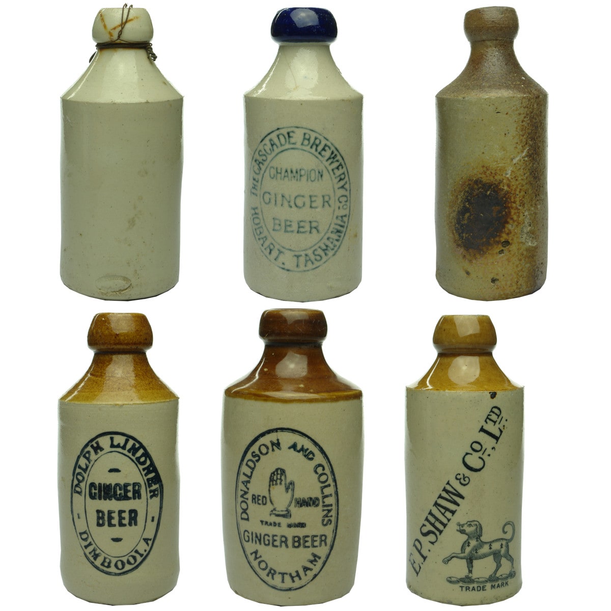6 Dump Ginger Beers: Plain Fowler; Cascade Brewery; Plain Salt Glaze; Dolph Lindner; Donaldson & Collins; E. P. Shaw.