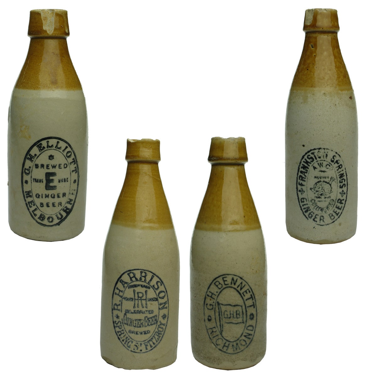 Ginger Beers x 4: G. H. Elliott, Melbourne; R. Harrison, Fitzroy; G. H. Bennett, Richmond; Frankston Springs, Collingwood. (Victoria)