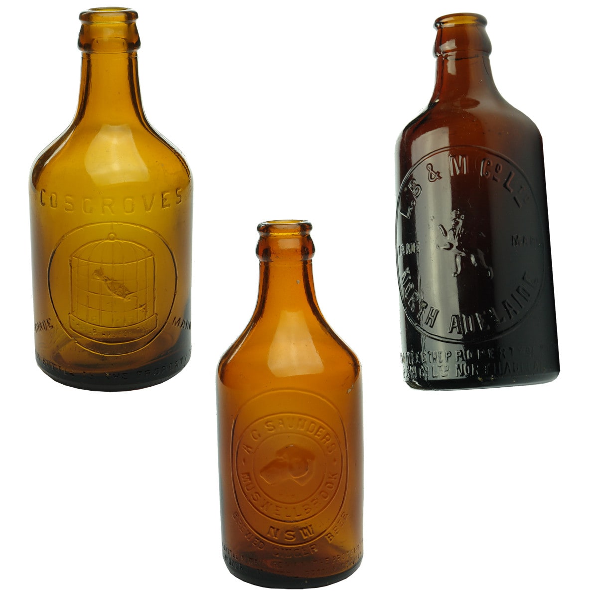 Ginger Beer. Three dump amber crown sealss: Cosgrove's, Brisbane; A. G. Saunders, Muswellbrook; L. B & M Co Ltd, North Adelaide. (Queensland, New South Wales, South Australia)