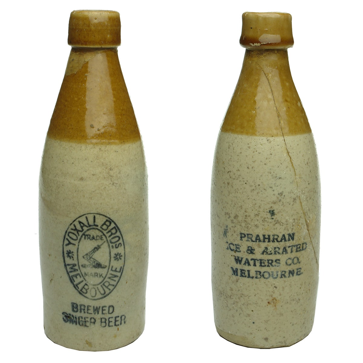 Pair of repaired rare Melbourne Ginger Beers: Yoxall Bros and J. Dixon's Prahran Ice and Aerated Water Works. (Victoria)