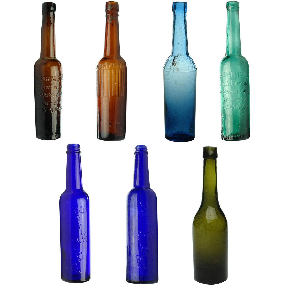 7 Bottles - 6 Castor Oils & Cod Liver Oil: Burnet's; Lewis & Whitty; Plain; Burnside's and more.
