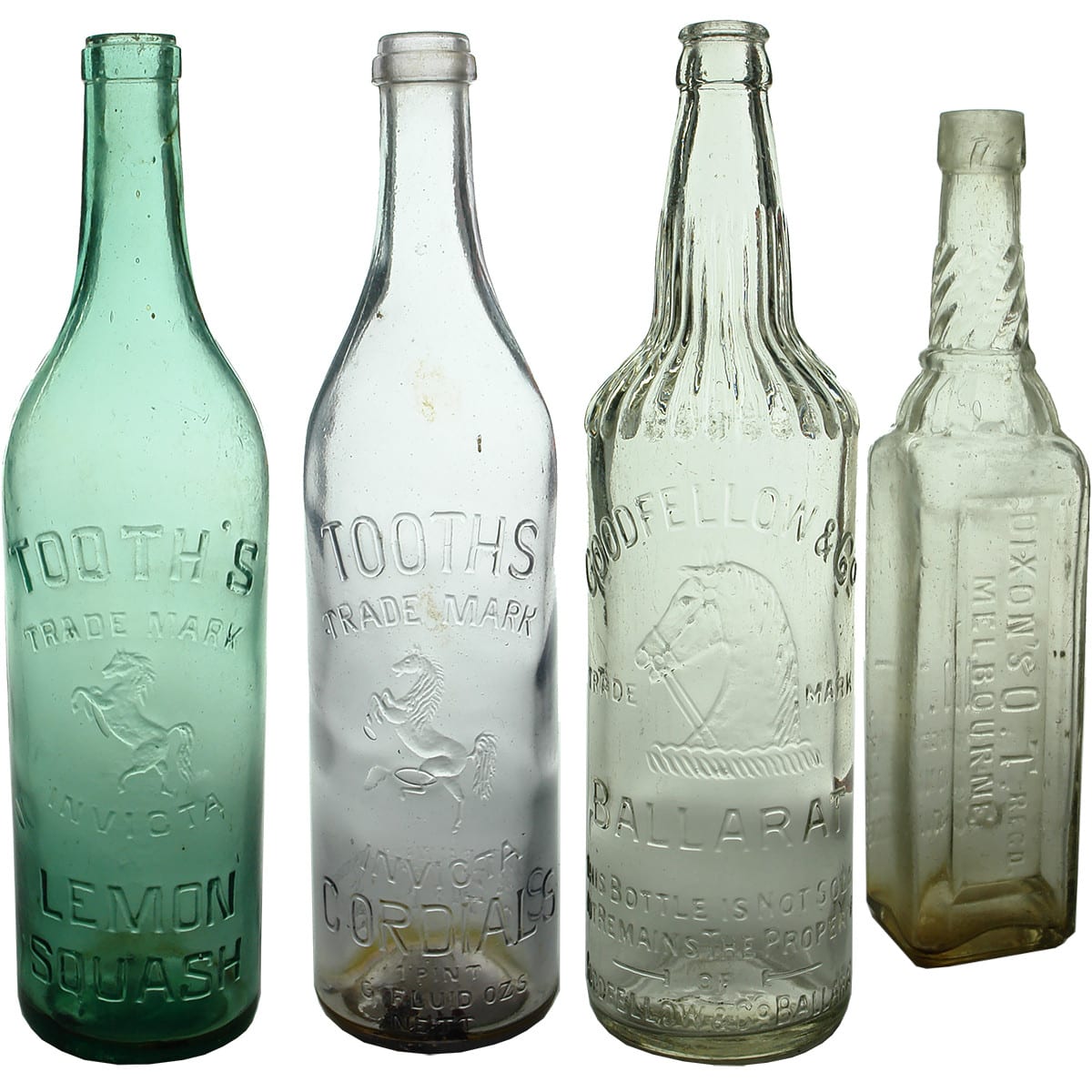 Four Cordials: Tooth's x 2; Goodfellow, Ballarat and Half Size OT, J. Dixon & Co. Melbourne. (New South Wales & Victoria)