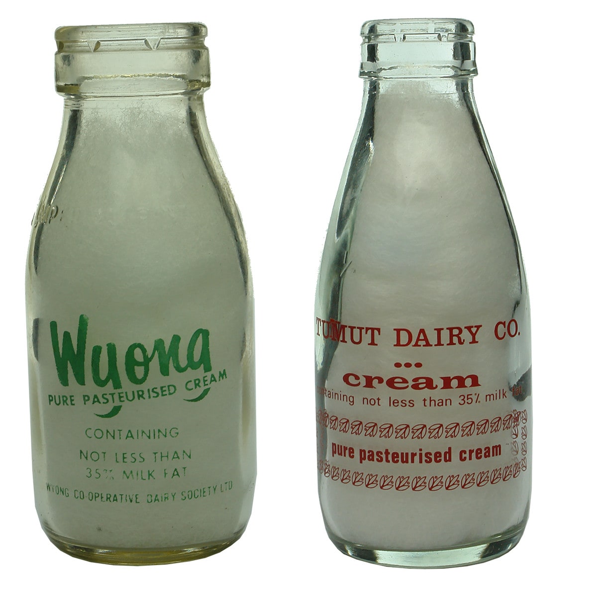 Pair of Cream Bottles: Wyong Co-operative Dairy; Tumut Dairy Co. (New South Wales)