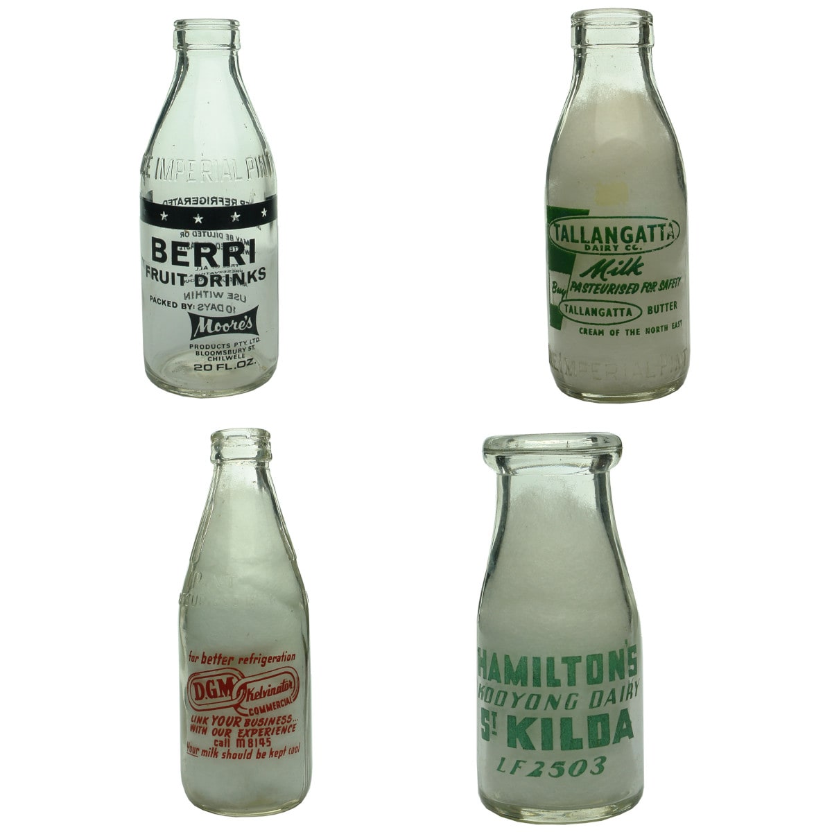 Four Dairy like Bottles: Moore's Products, Chilwell; Tallangatta Dairy Milk; Dairy Farmers Kelvinator Refrigerators advertising; Hamilton's Kooyong Dairy, St Kilda.