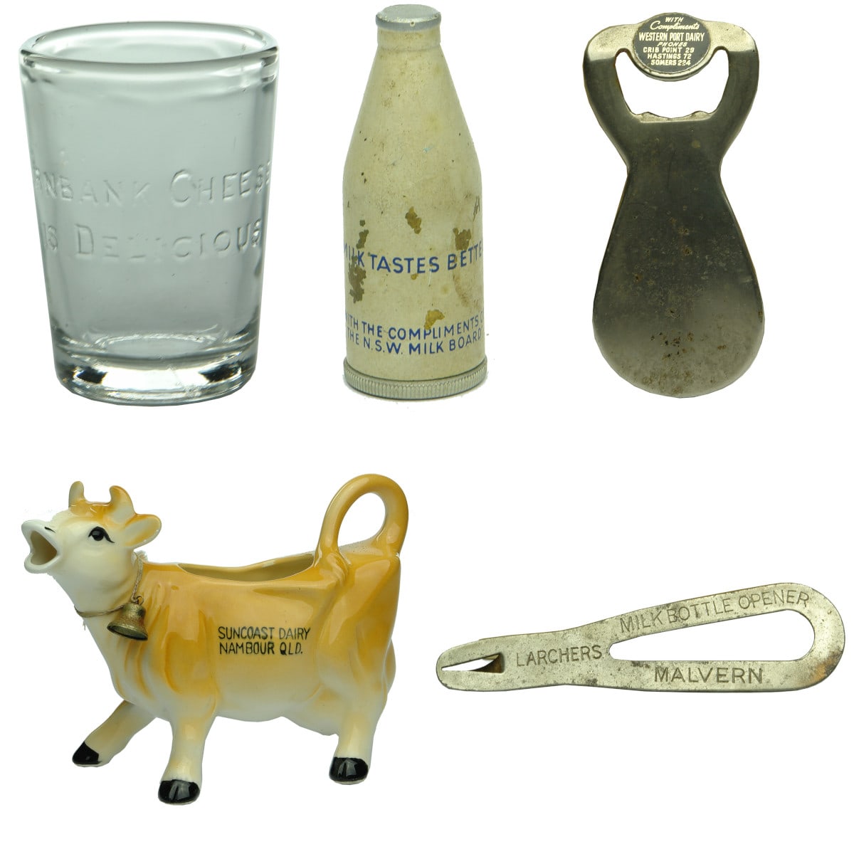 Five Dairy Advertising Items: Burnbank Cheese Glass; NSW Milk Board Lighter; Openers - Larchers & Western Port Dairy; Suncoast Dairy Jug.