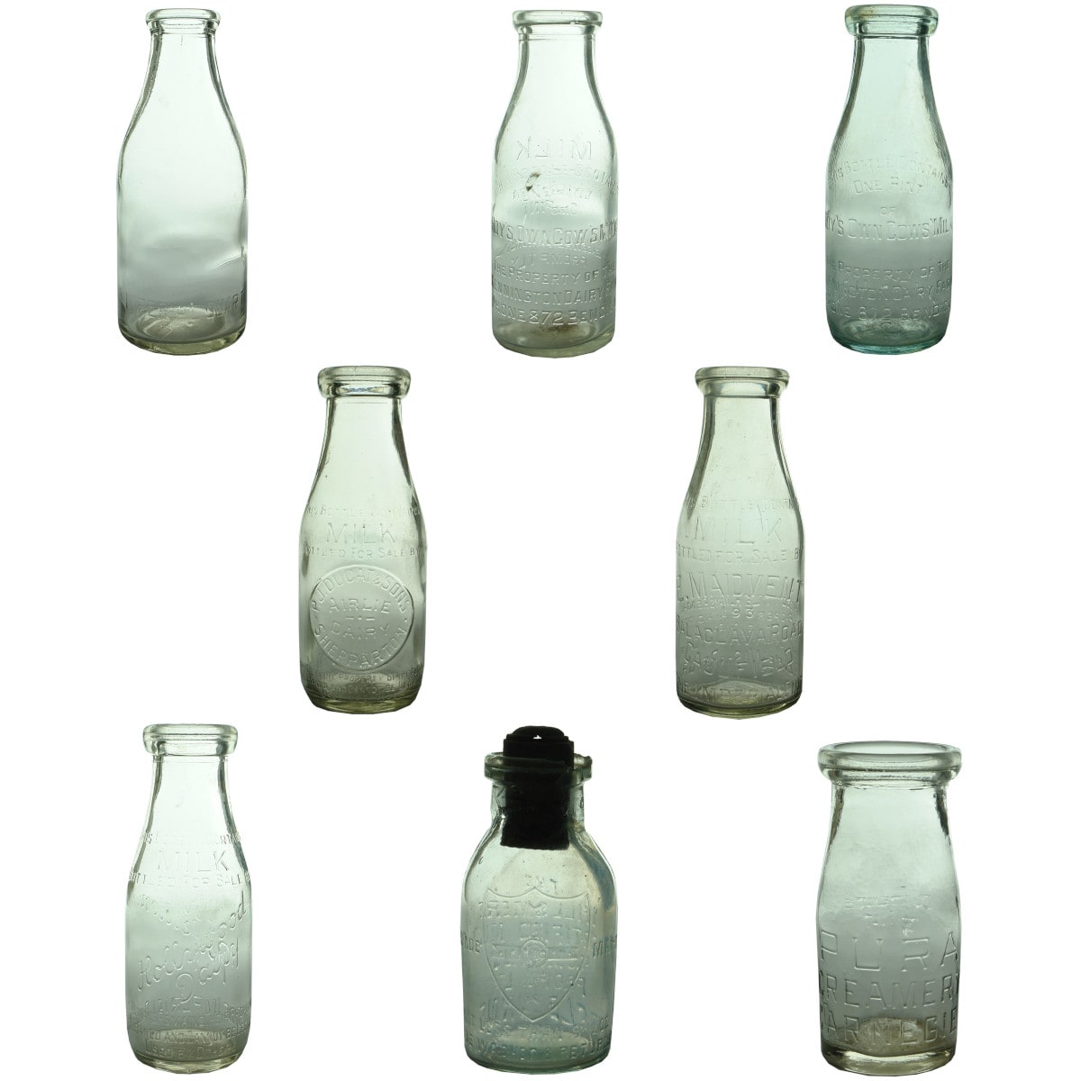 8 Milk & Cream Bottles: Plain Quart; 2 different Hoy's Bendigo; Ducat, Shepparton; Maidment, Caulfield; Hollywood Dairy; Willsmere; Pura Carnegie. (Victoria)