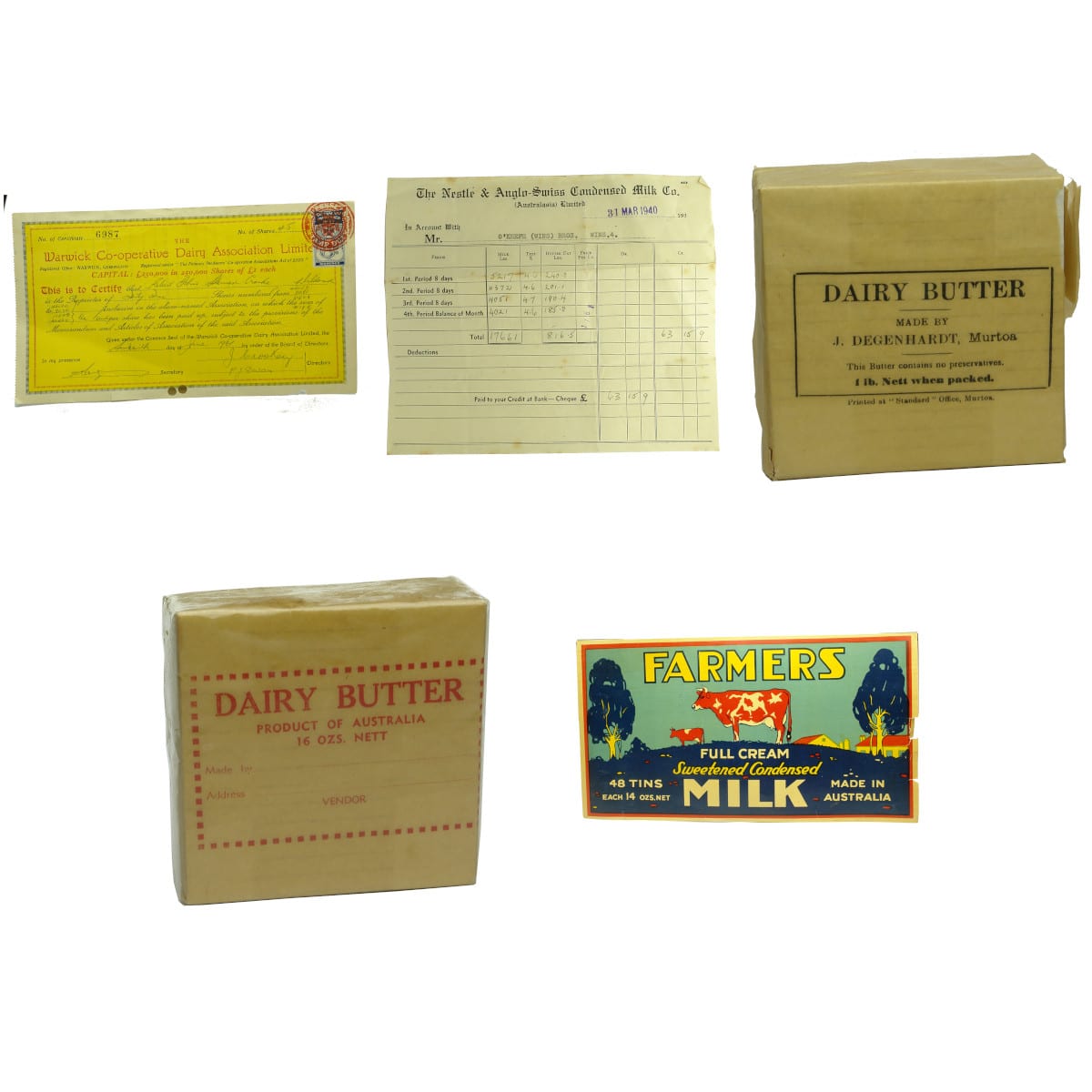 6 Items Dairy Ephemera. Share certificate Warwick Co-op Dairy. 1961. 2 Invoices The Nestle & Anglo-Swiss Condensed Milk Co. 2 Butter Labels: Generic & Degenhardt Maffra.; Farmers Condensed Milk label.