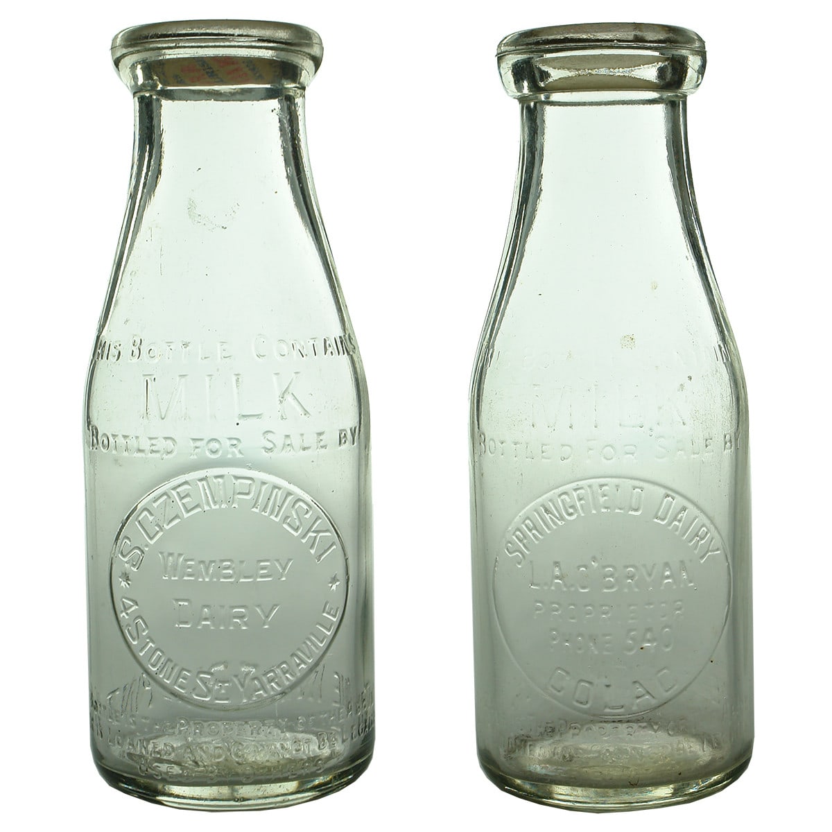 Two Milk Bottles: S. Czempinski, Yarraville and L. A. O'Bryan, Colac. (Victoria)