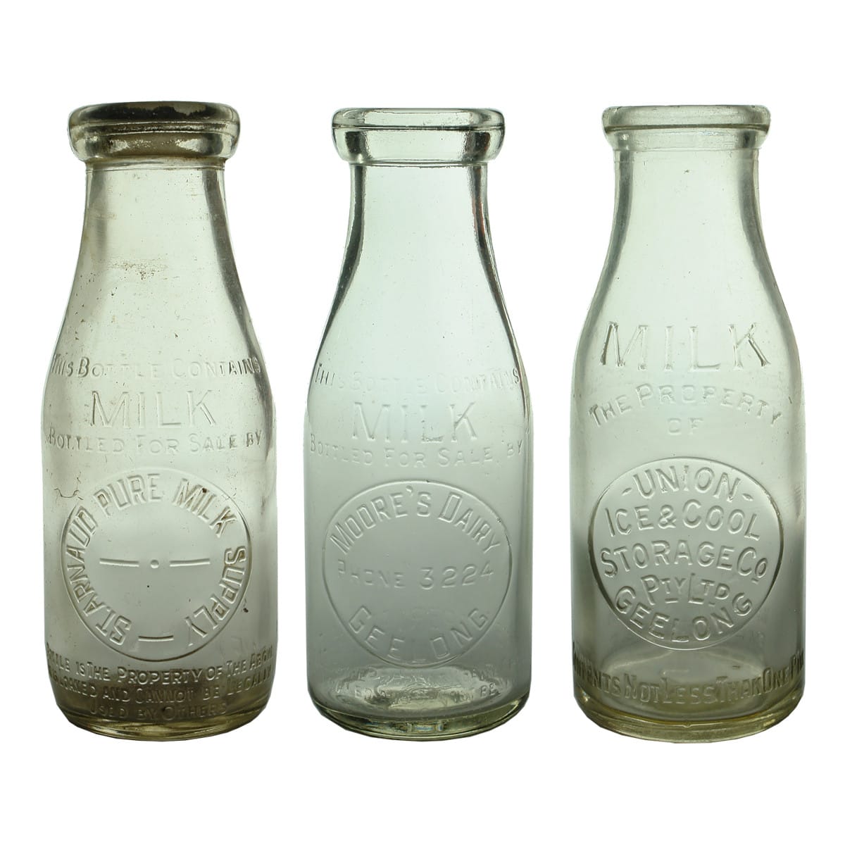 Three Pint Milks: St Arnaud; Moore's Dairy, Geelong and Union Ice & Cool Storage. (Victoria)