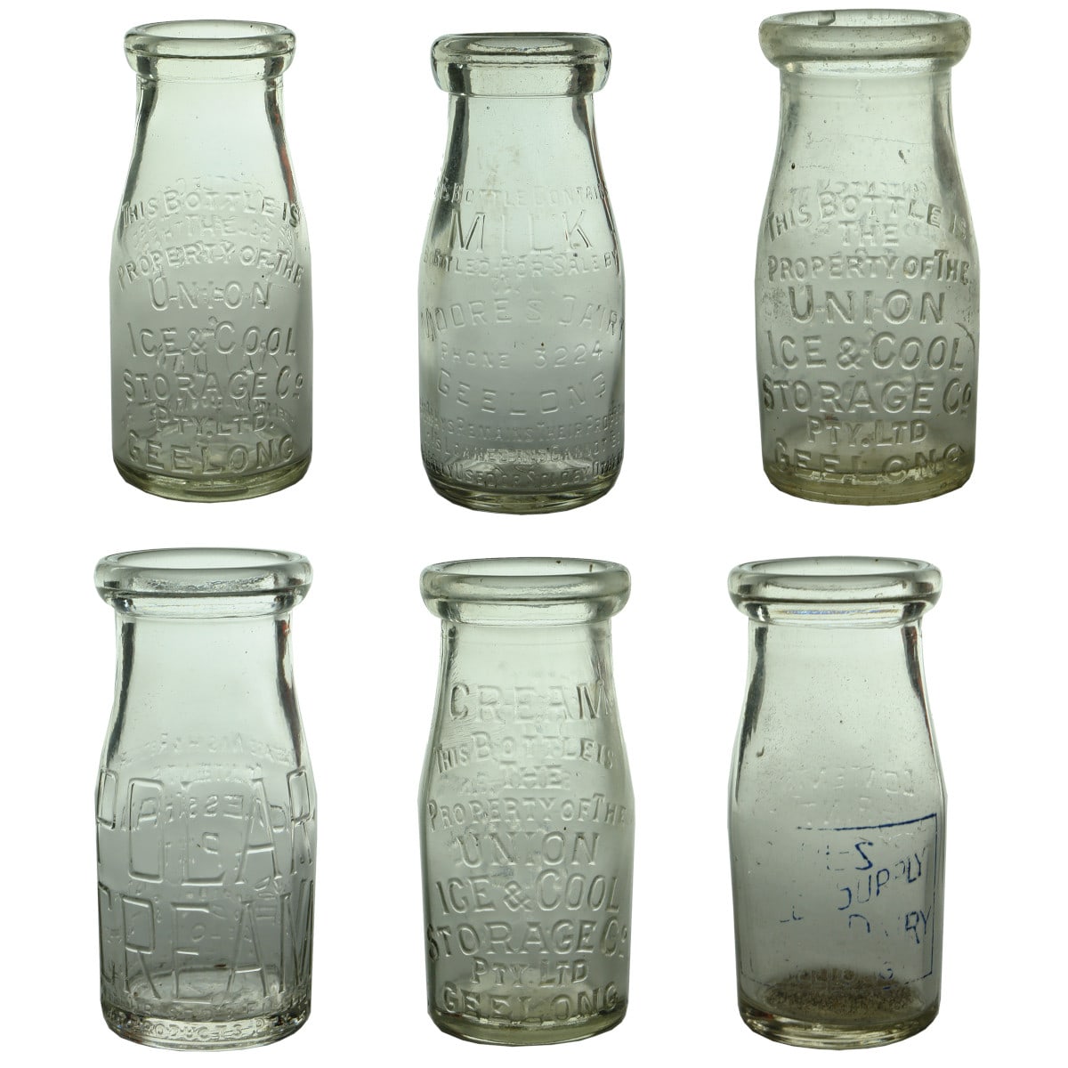 Six small Milk/Cream Bottles: Union Ice; Moore's Dairy; Polar. Geelong. (Victoria)