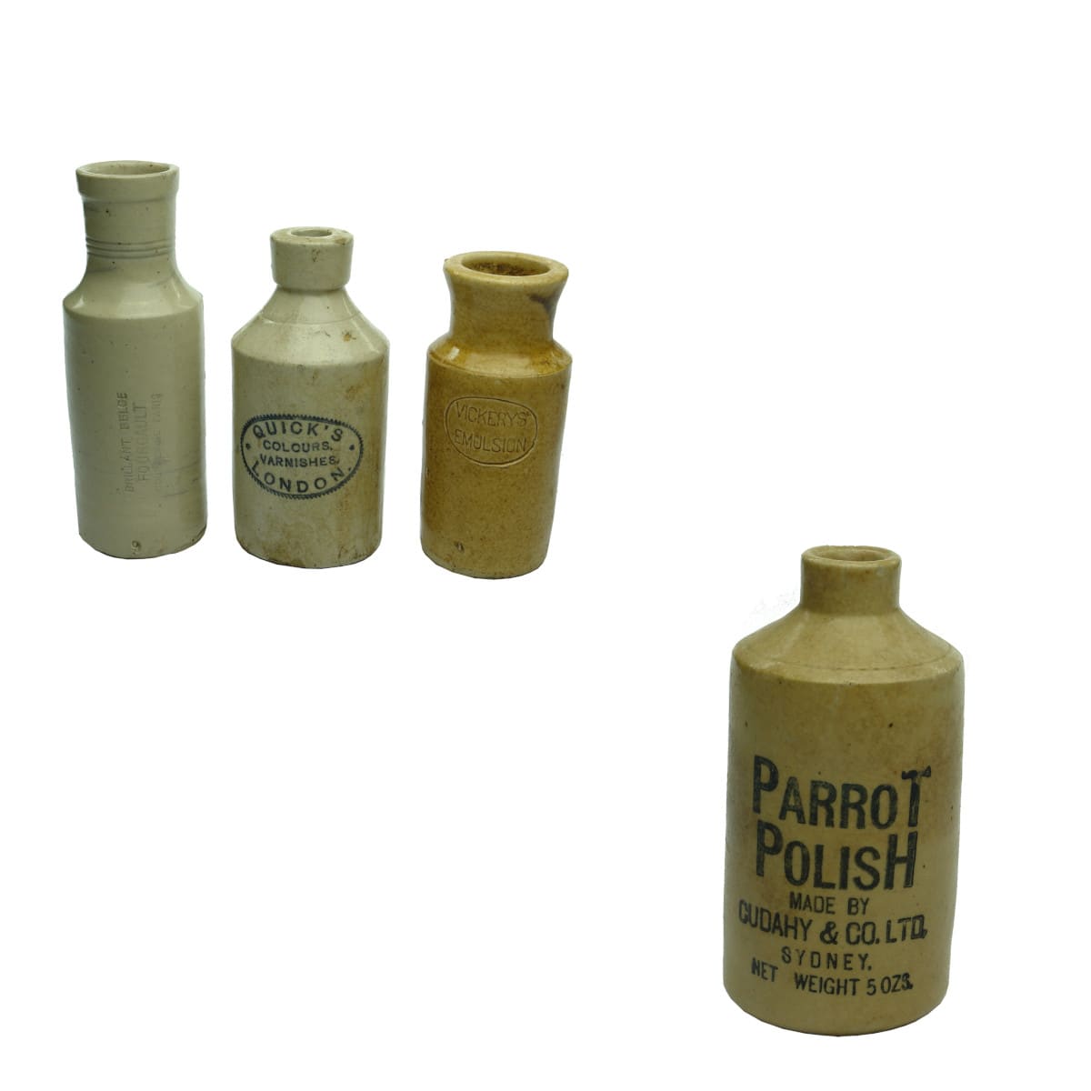 4 Jars. Forgault, Paris; Quick's, London; Vickerys Emulsion; Parrot Polish.