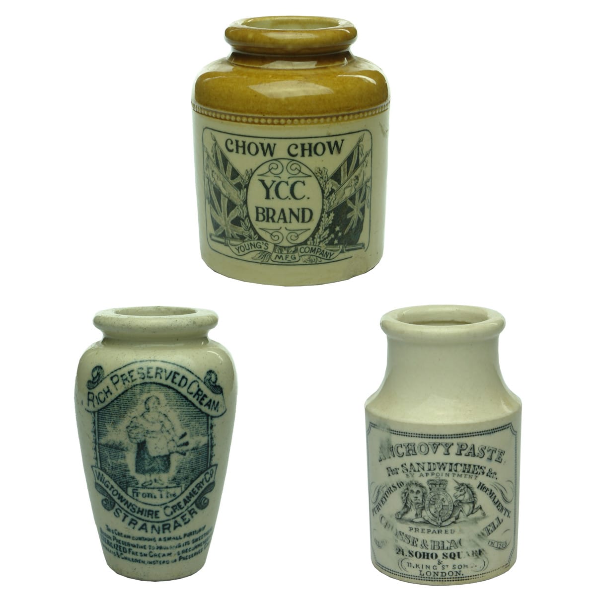 Three Stone Jars. 1. Y. C. C. Brand Chow Chow. 2. Wigtownshire Creamery Co, Stanraer. 3. Crosse & Blackwell Anchovy Paste.