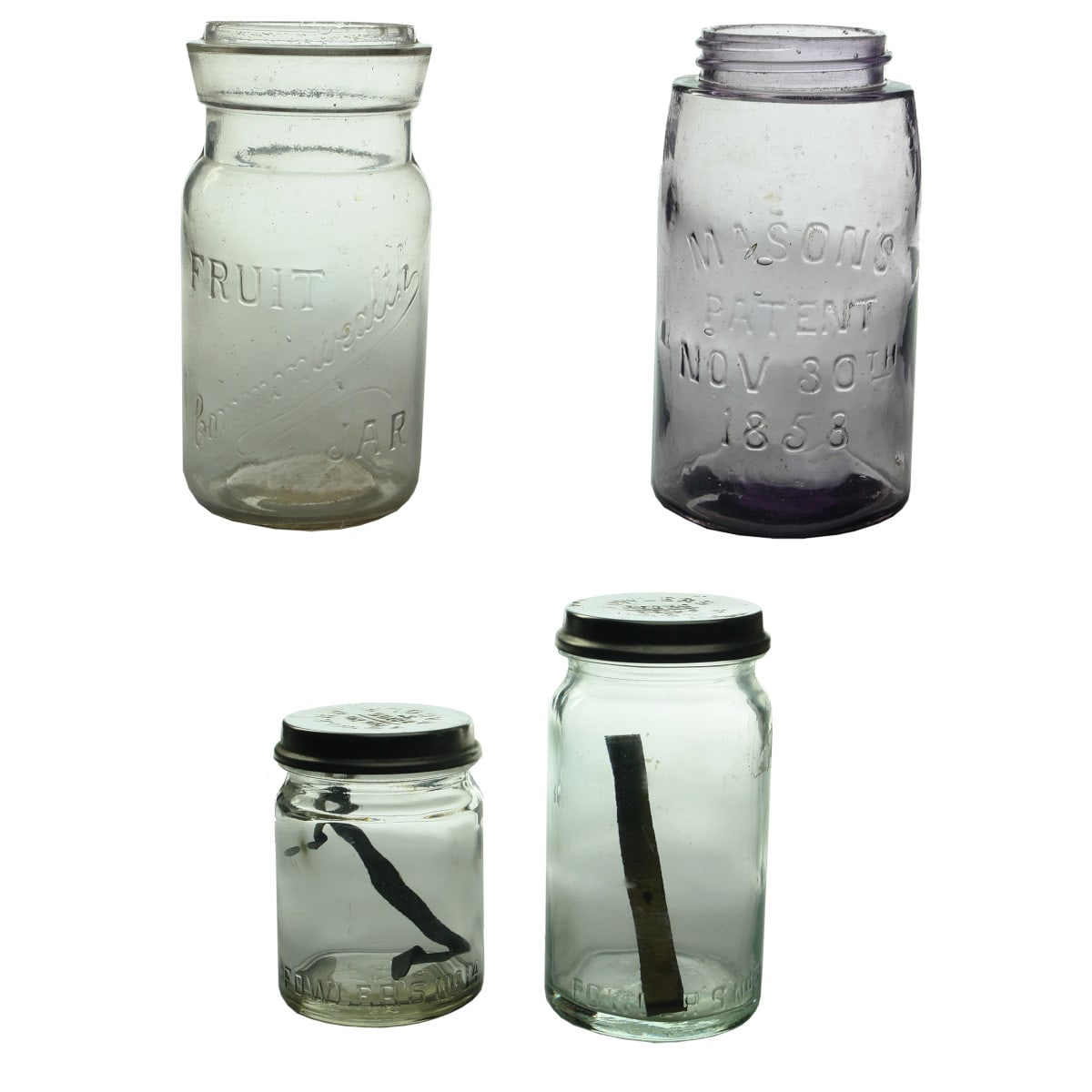 Four Fruit Jars: Commonwealth; Mason's Patent; 2 Fowler's with Lids and clips.
