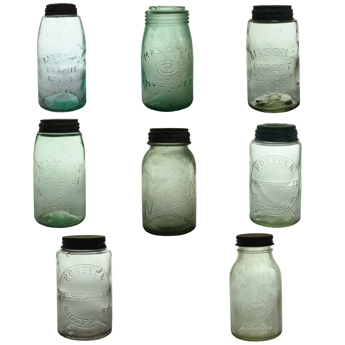 8 Screw top Jars: 5 x Mason; 2 x Rosella; 1 x Nestle.