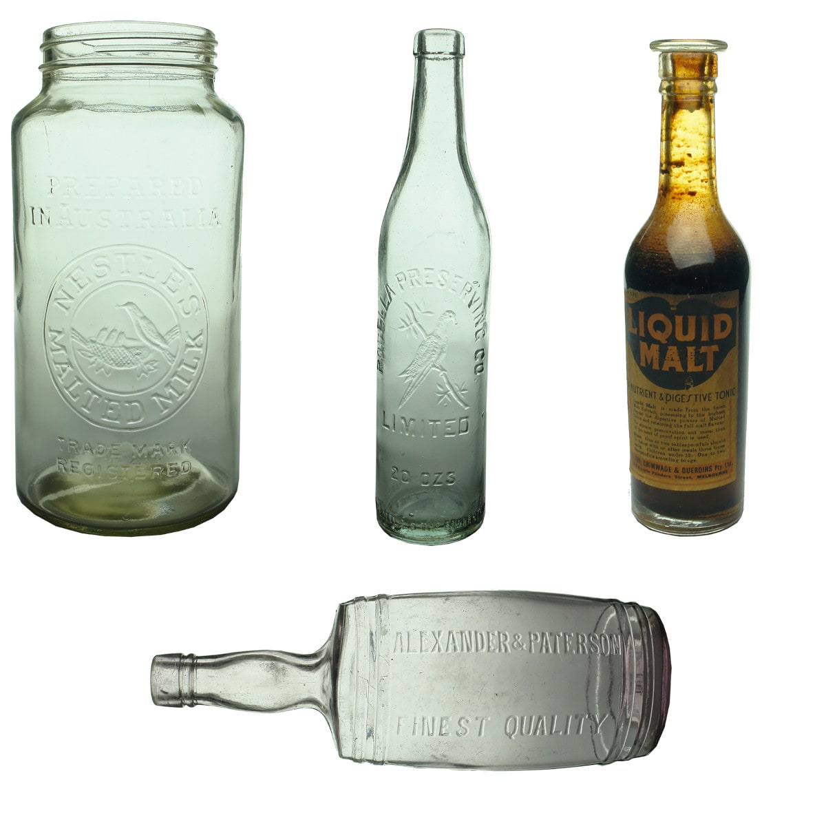 Four interesting Items: Nestle's Malted Milk jar; Alexander & Paterson; Rosella 20 oz Sauce; Felton, Grimwade Liquid Malt.