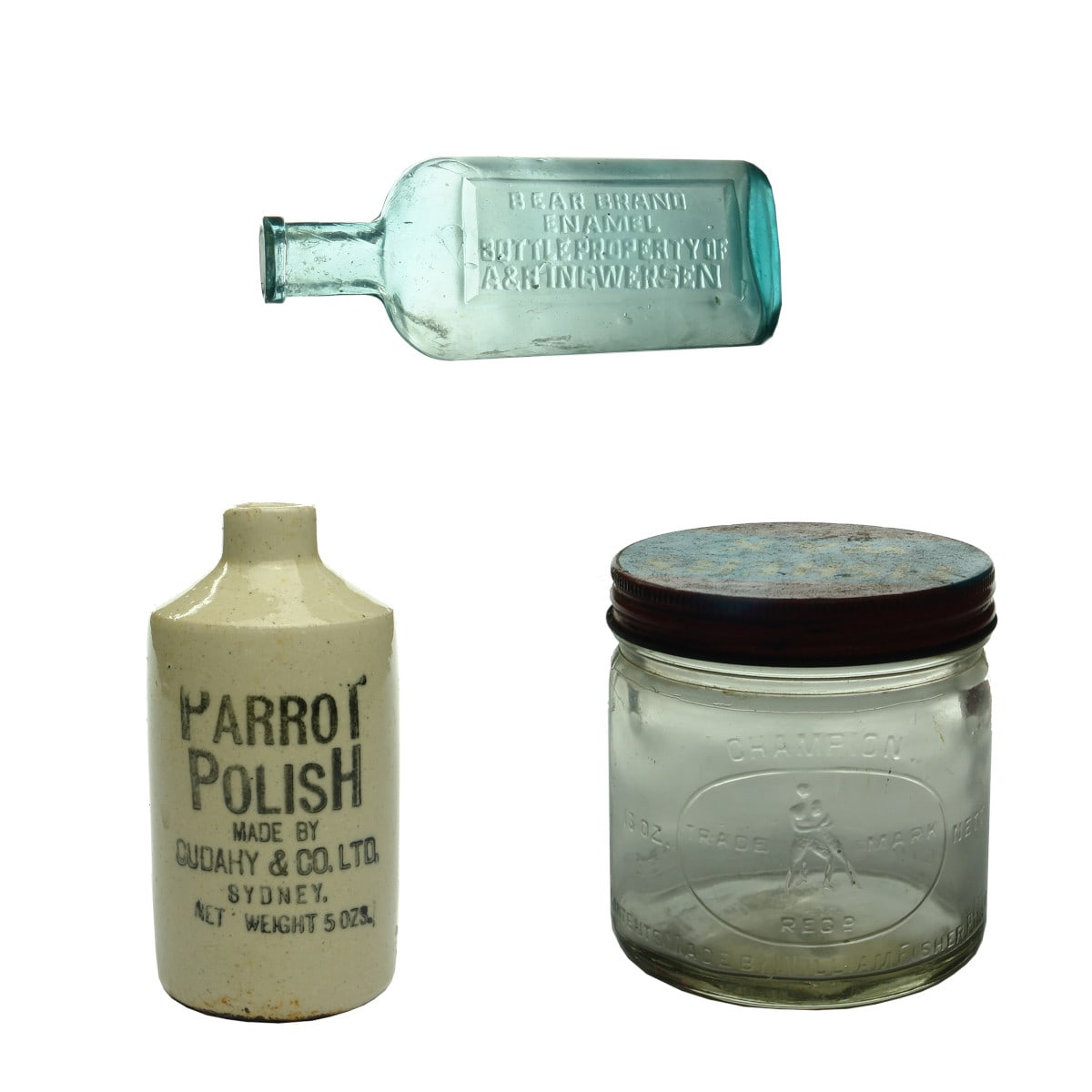 Three Polish type items: Parrot Polish; Bear Brand Enamel; Champion Fisher's Floor Polishing Wax.