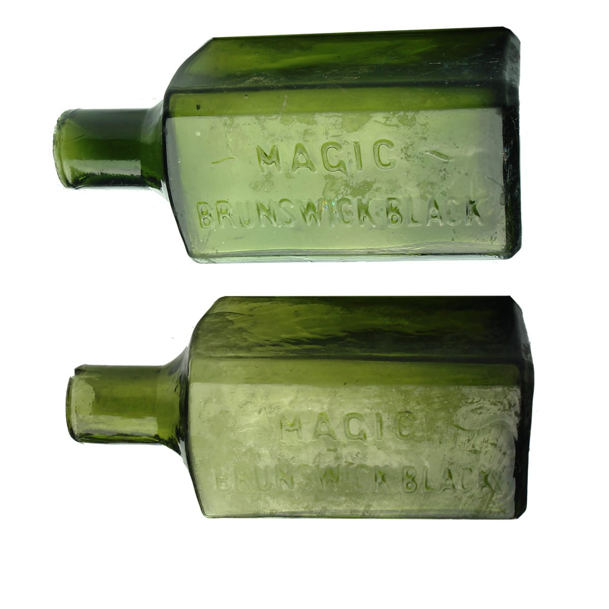Two green Magic Brunswick Black bottles. (South Australia)