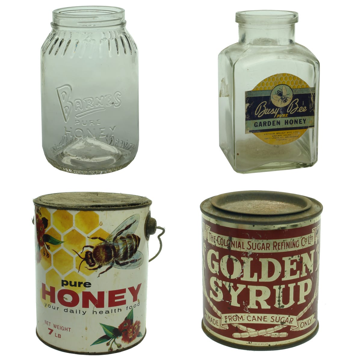 4 Honey/Golden Syrup Jars & Tins: Barnes; Jones Miller Arthur Brunt; Allowrie; Colonial Sugar Refining Co.