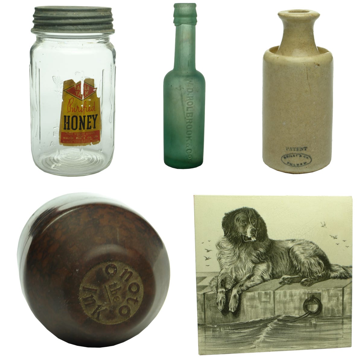 Five Interesting Household Items: Walter Reid labelled Honey; W. D. Holbrook Hot Sauce; Bailey Ink; Onoto; Large decorative Tile.