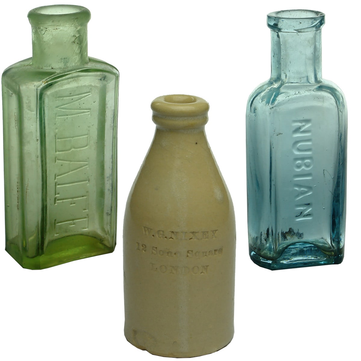 Three Polish type bottles: M. Balfe; Nixey, London; Nubian.