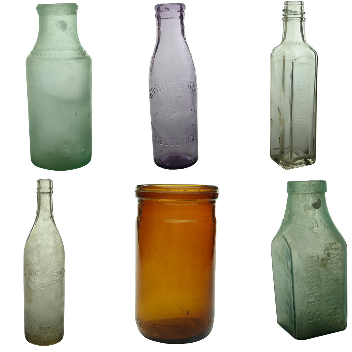 6 Interesting Household Bottles: Pickle; Rosella Chutney; White Crow Coffee; Coo-ee Cordial; Fowlers; Harrison's Pickles.