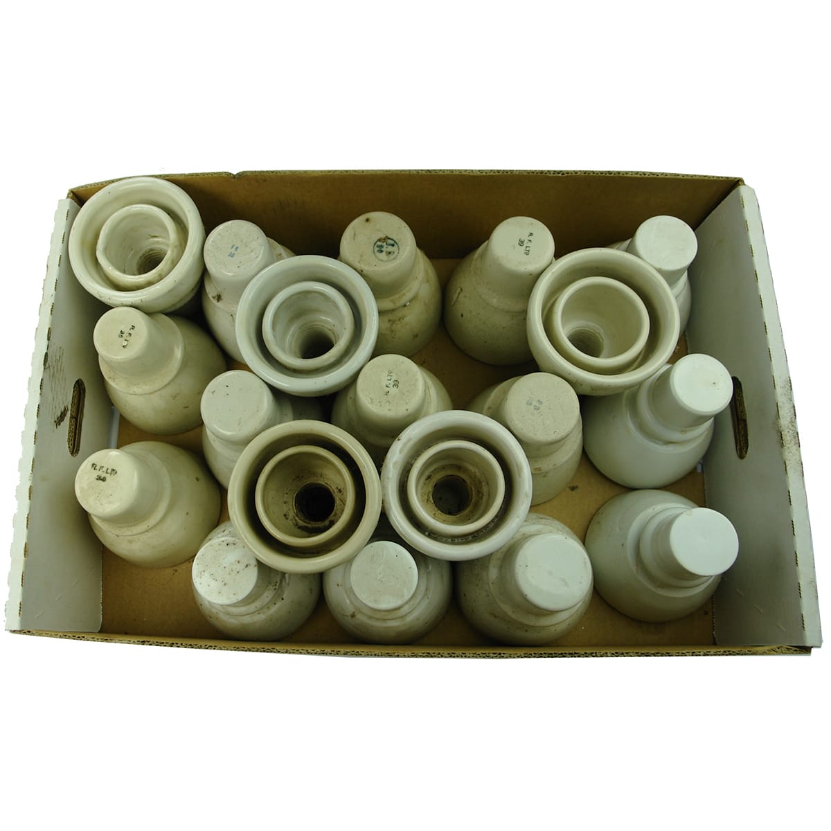 19 Porcelain Insulators. U1502 & U1503. FB; RF Ltd & Slaters Acme.