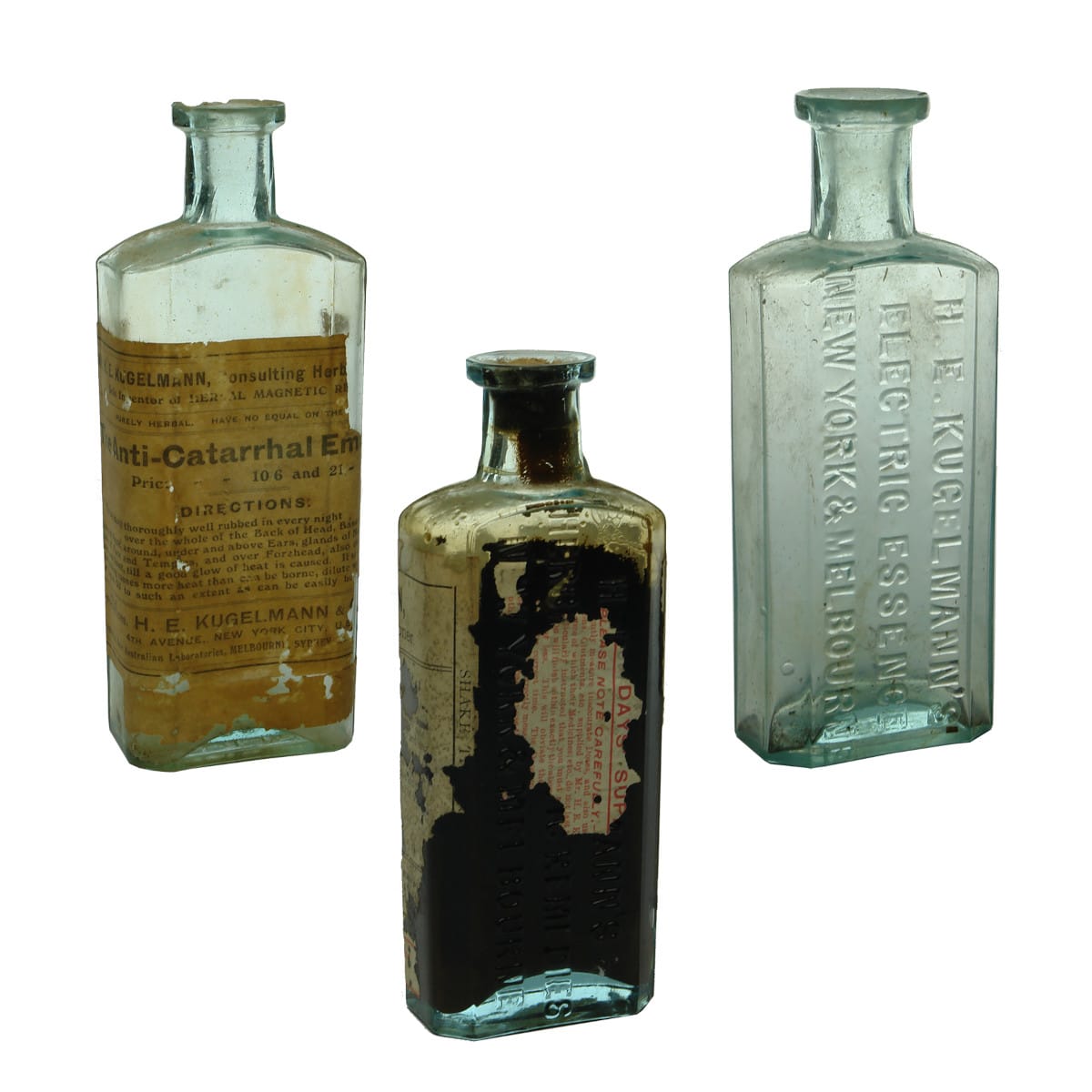 Three Kugelmann's Cure Bottles: Plain labelled Anti-Catarrhal Emollient; Herbal Magnetic Remedies; Electric Essence.