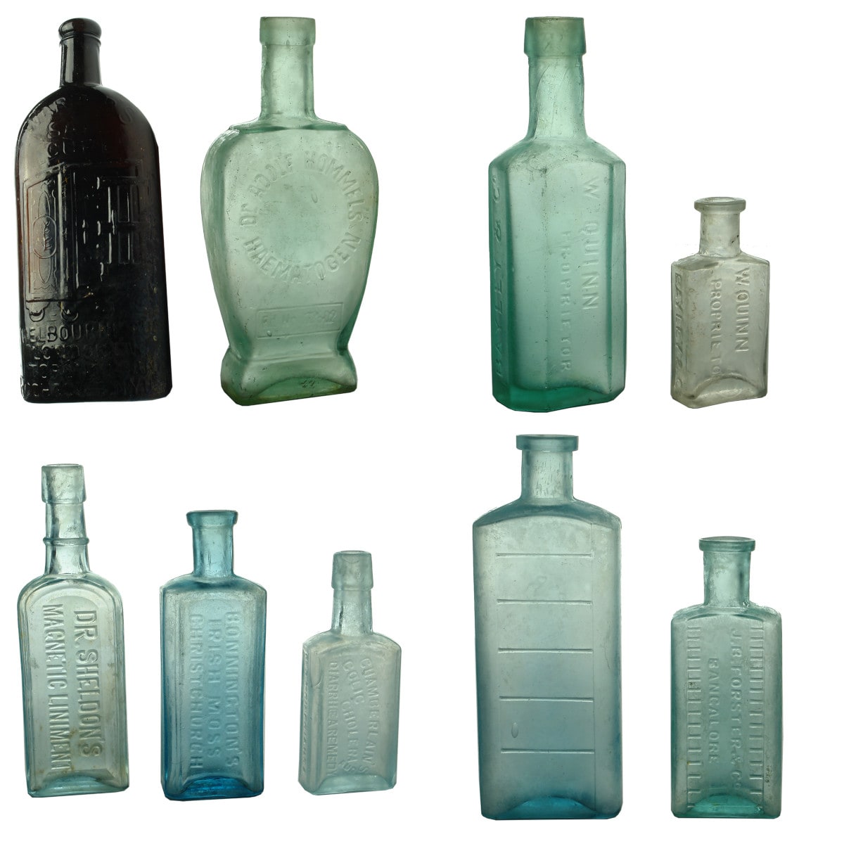 Nine cure/medicine bottles: Warners; Haematogen; Quinn, Bayley; Sheldon's; Bonnington's and more.