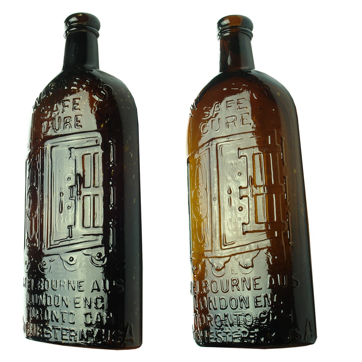 Pair of Four Cities Warner's Safe Cures. Early Amber types.