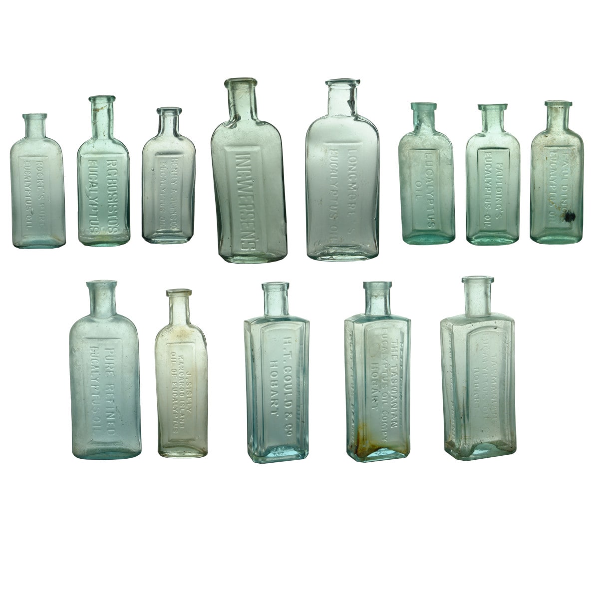 13 Eucalyptus Oil Bottles: Johns; Longmore's; Dyason's; Rocke's; Faulding's; Sisely's; Tasmanian; Gould and more!