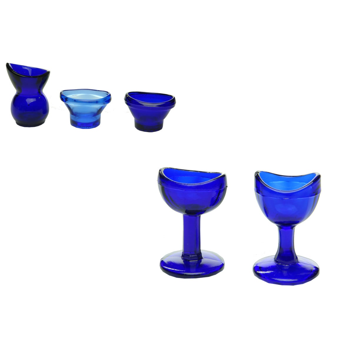 Five Cobalt Blue Eye Baths. 2 x Optrex. Foreign. W. T. Co & Plain.