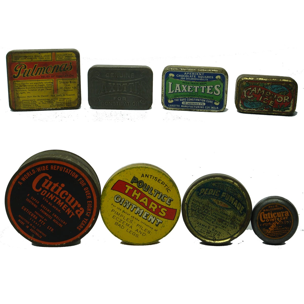 Eight Medical type tins: Cuticura; Pulmonas; Thar's Ointment; Laxettes & more.