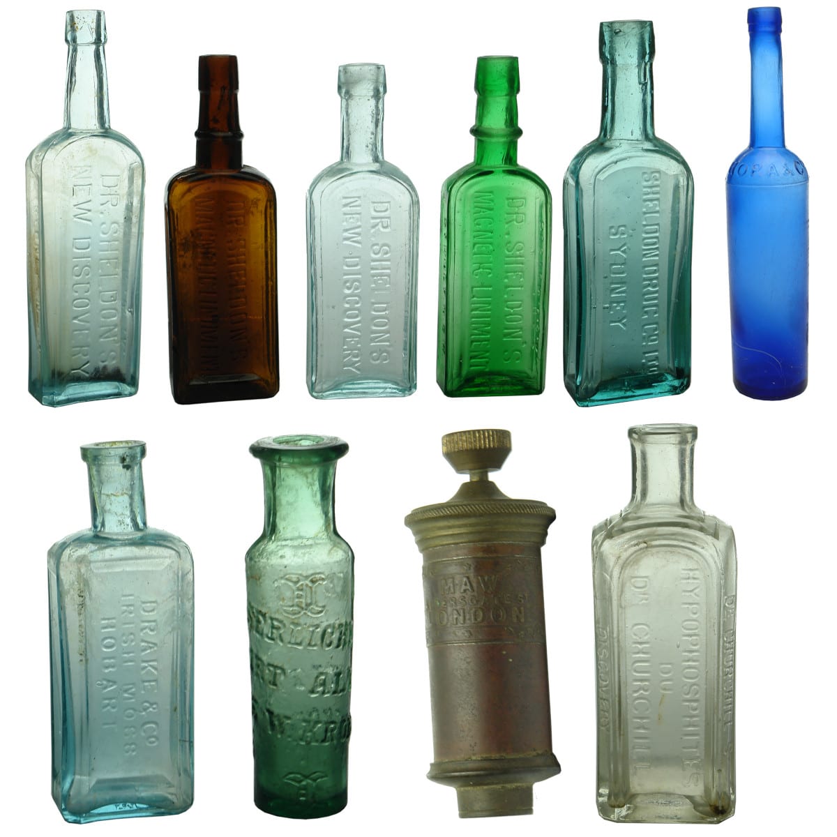 Ten Medical bottles and items: Dr Sheldons; Drake, Hobart; Altona Drops; Dr Churchill's; Maw Syringe; Hora, London.