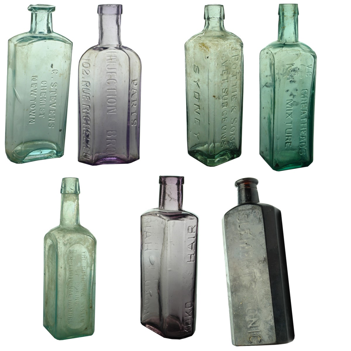 7 Medicine/Cure type Bottles: Stevens, Newtown; Injection Brou; Pottie; Greathead's; Cuticura; Koko; Clements Tonic.