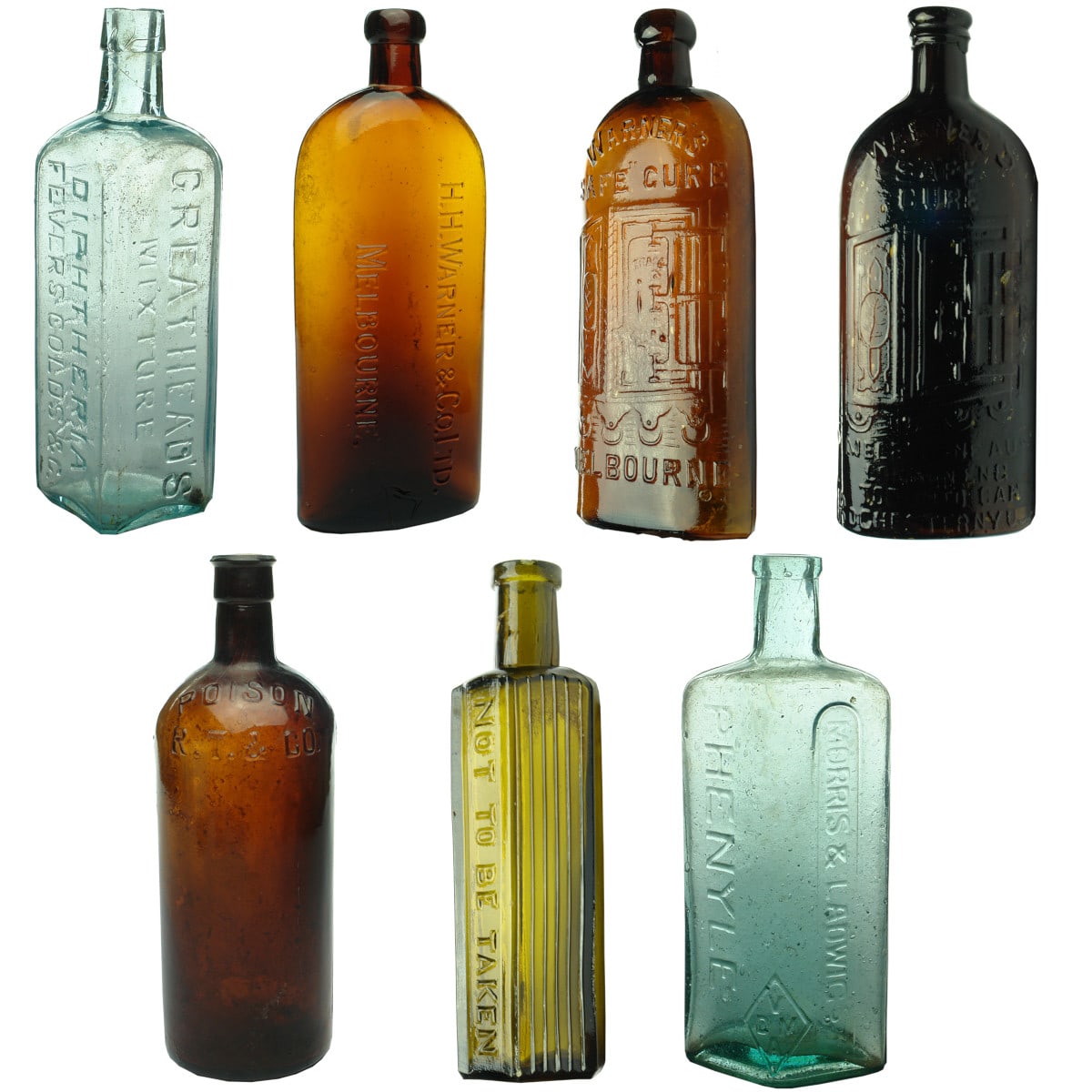 7 Medicine/Poison Bottles: Greathead's; 3 Warners; RT & Co; Poison; Morris & Ladwig Phenyle.