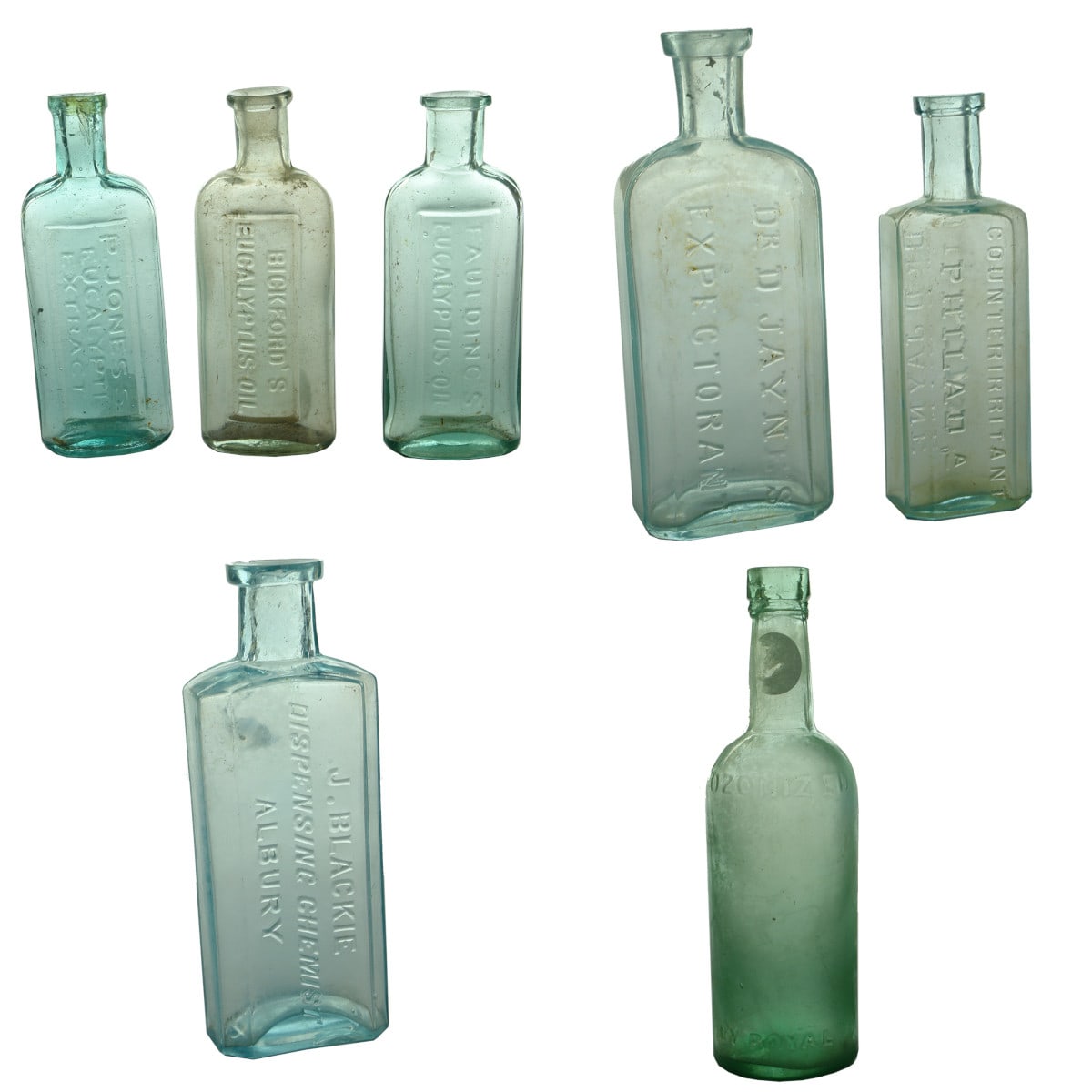 7 Medicine type Bottles: 3 Eucalyptus Bottles; Jayne's Expectorant & Liniment; Blackie, Albury; Ozonized Cod Liver Oil.