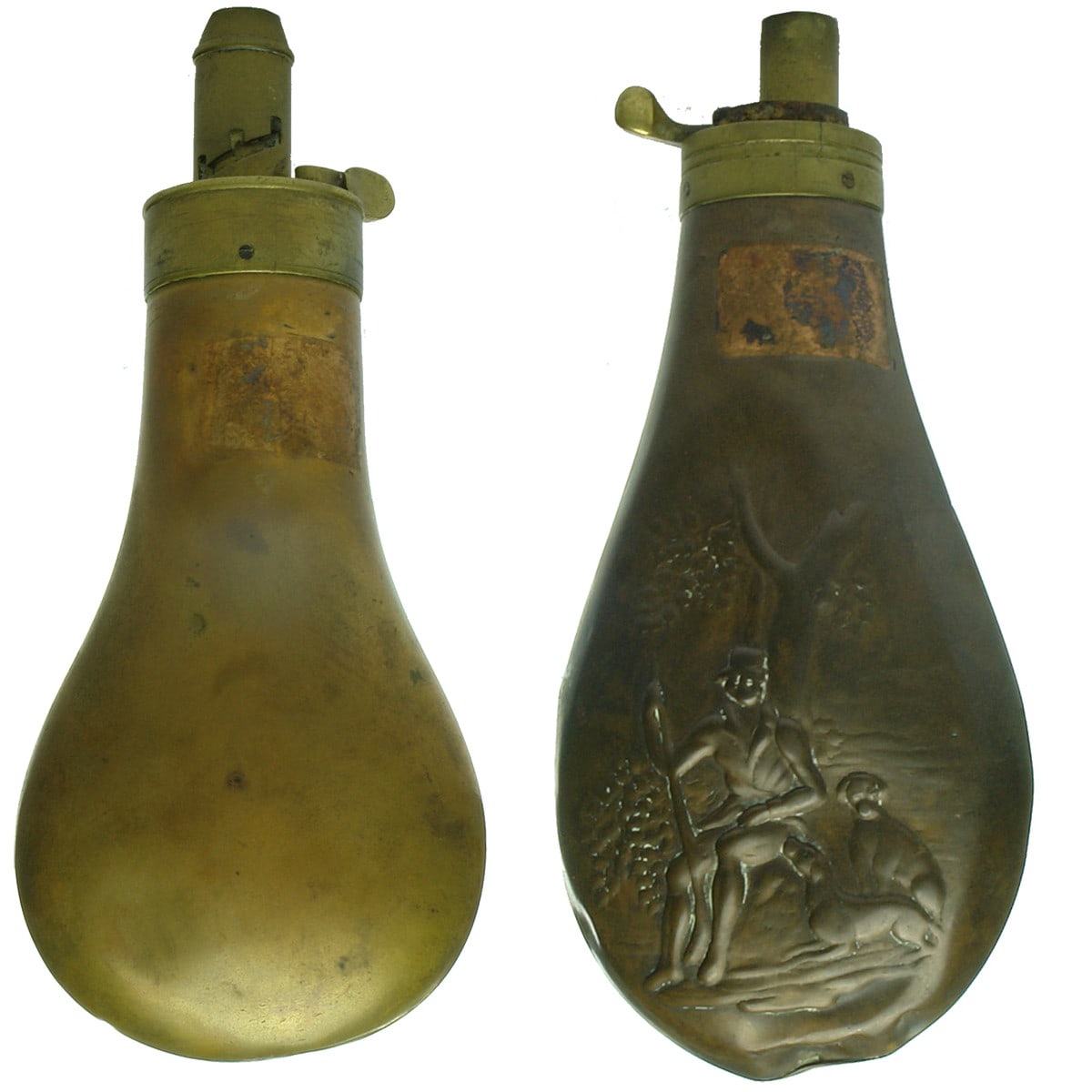 Two brass Powder Flasks. One plain and one with Hunting Scene.