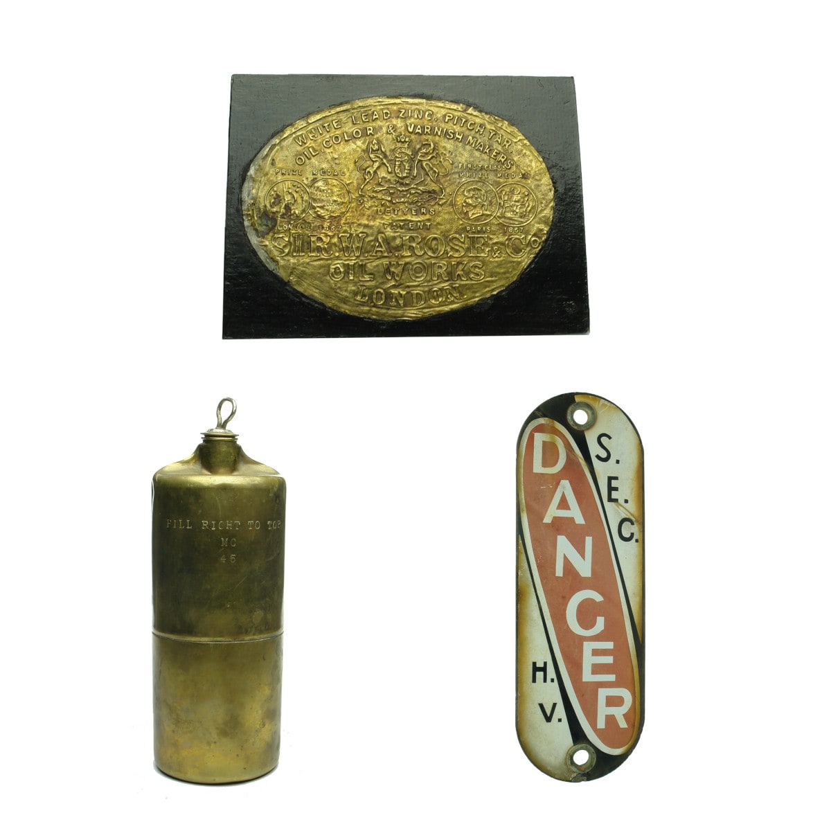 3 Metal Items: Brass Hot Water Bottle. Brass Badge Rose & Co Oil Works; SEC Sign.