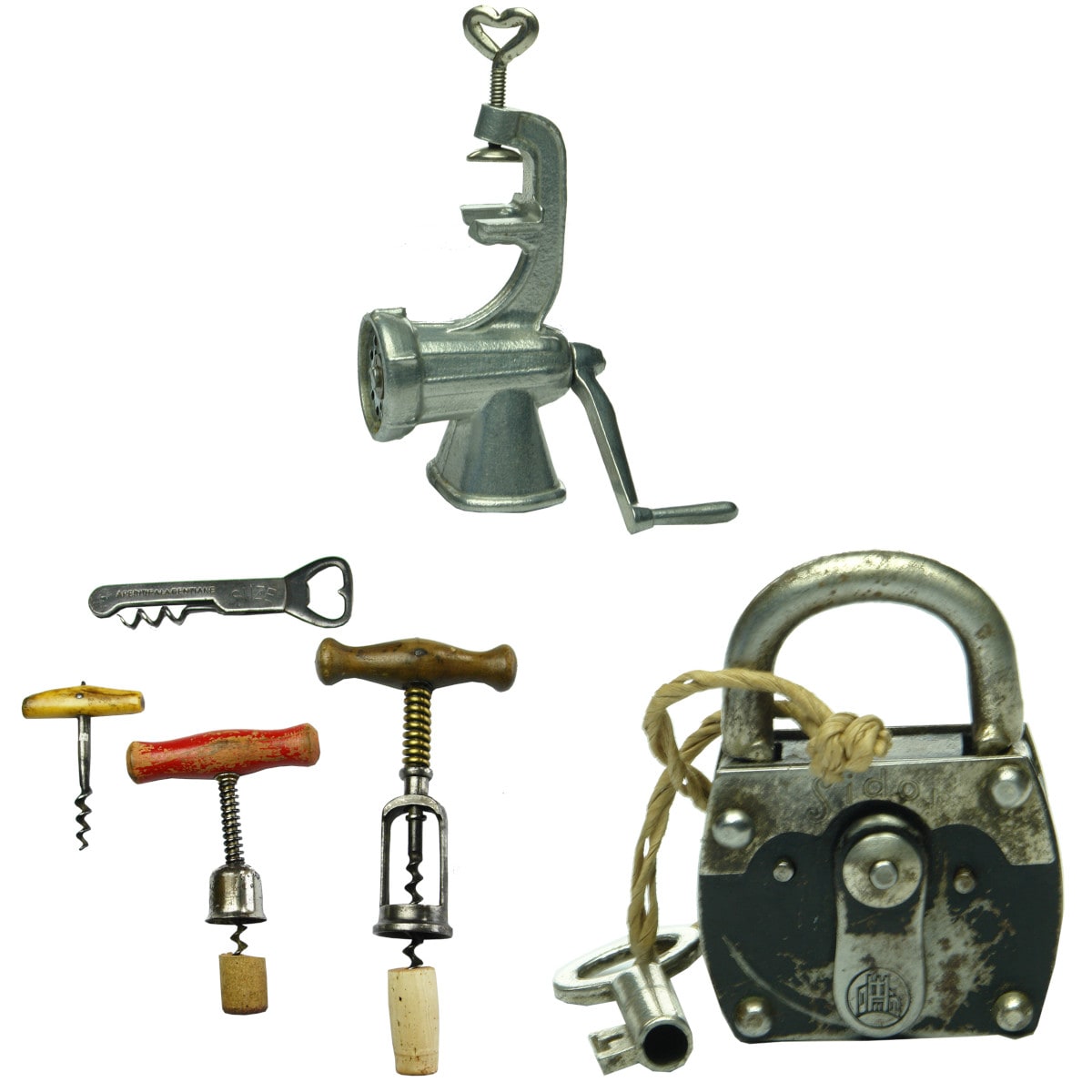 6 nice Metal items: 4 Cork Screws; Mini meat Grinder; Small Sidor Padlock with Key.