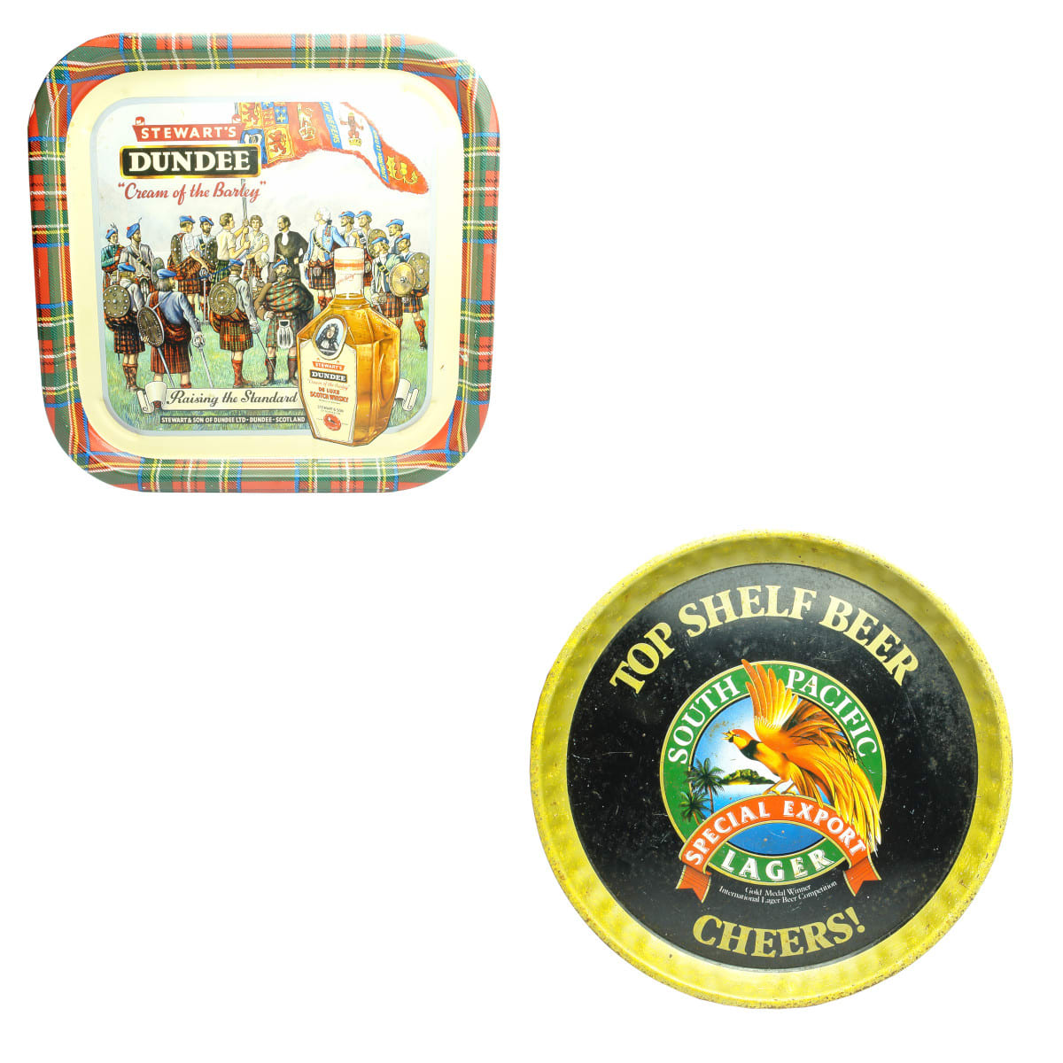 Pair of Advertising Serving Trays: Stewart's Dundee Whisky and South Pacific Special Export Lager.