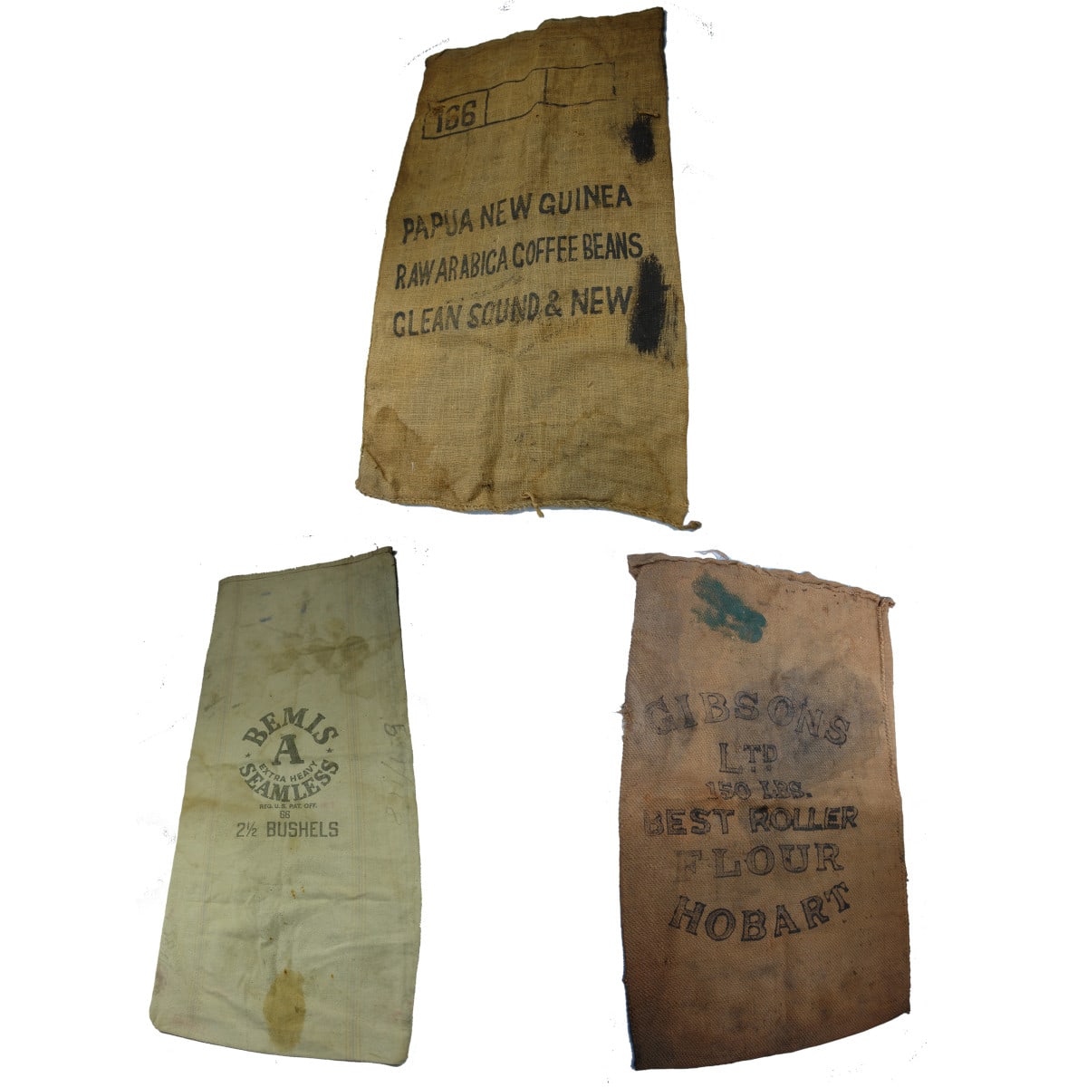 3 Large Products Bags. Flour, Coffee and something. Hessian & Calico.