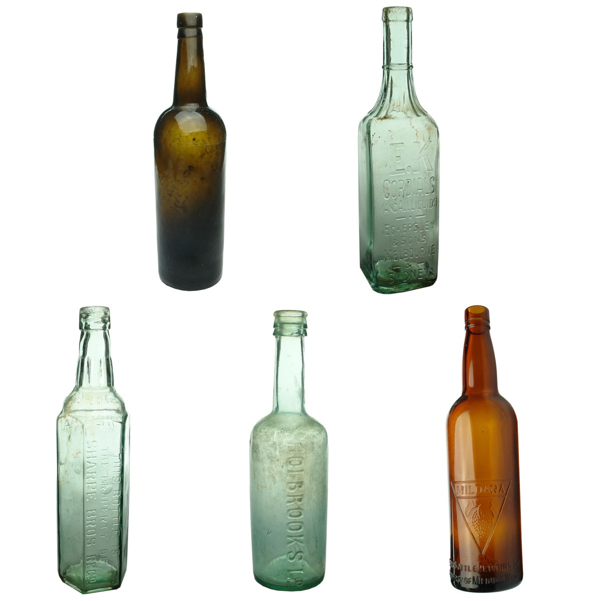 Five Large Bottles: 6 to the Gallon black; EK Cordial; Sharpe Bros Cordial; Holbrooks; Mildara.