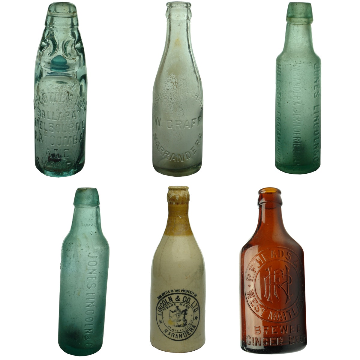 Six Bottles: Rowlands 6 oz Codd; Graff, Narrandera Crown Seal; 2 x Jones Lincoln Lamonts; Lincoln Ginger Beer; Heads, West Maitland glass ginger beer.