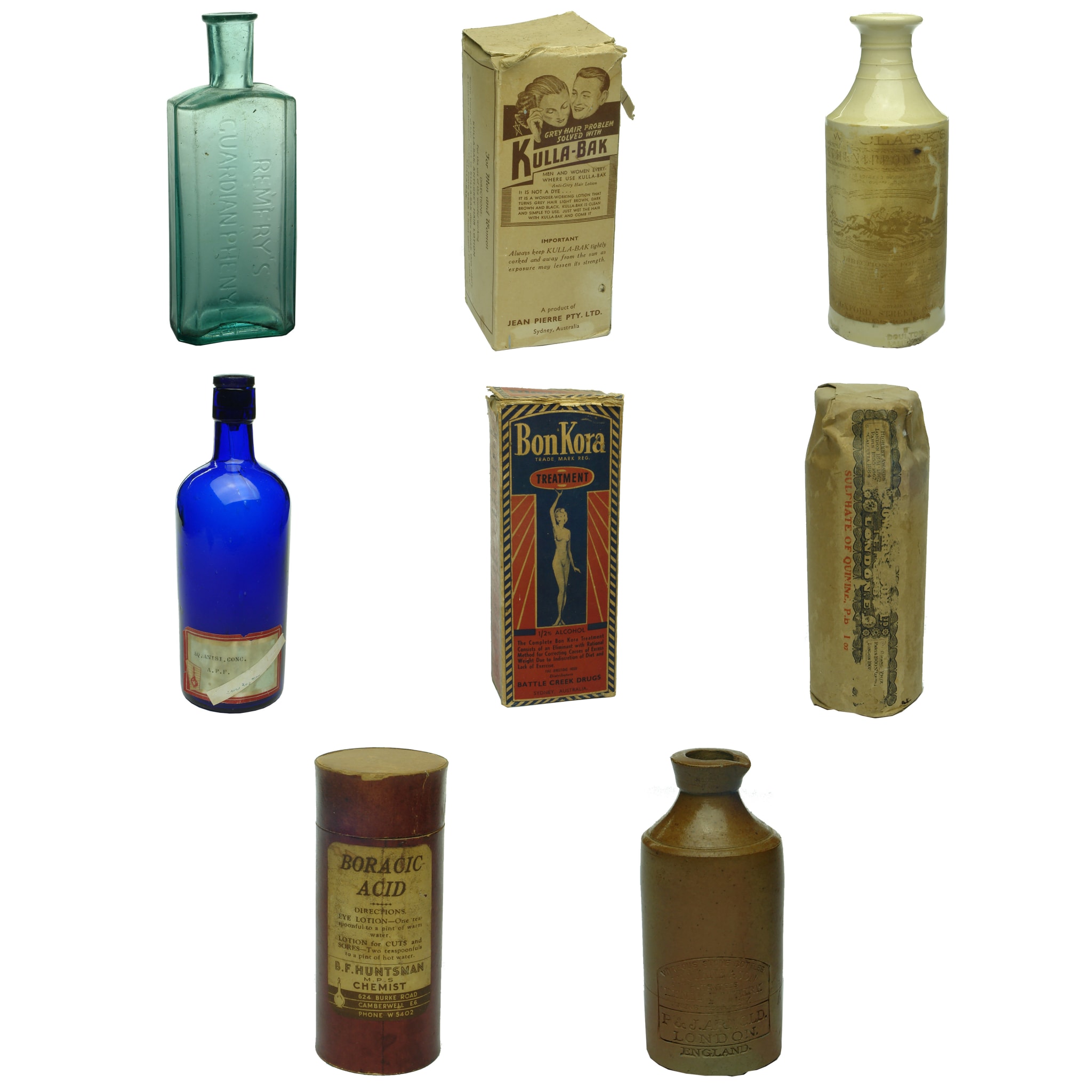 Eight Bottles: Remfry's; Kulla-Bak Hair Lotion; Clark's Horse Cure; Chemist; BonKora; Howard's; Huntsman Camberwell; Arnold, London Ink.