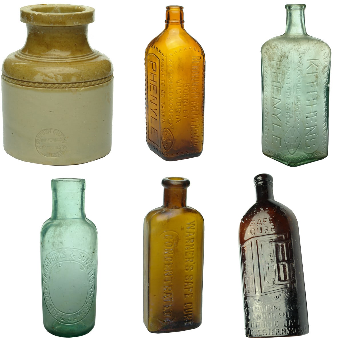 Six Bottles: Stephen Green jar; 2 Phenyles; Humphris Pickle; 2 Warners.