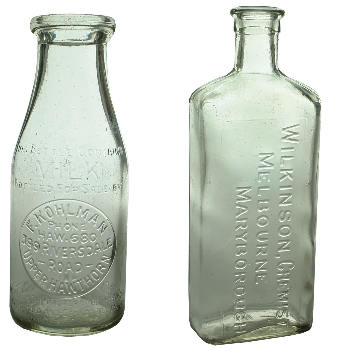 Two bottles. Milk, Kohlman, Upper Hawthorn and Chemist, Wilkinson, Melbourne & Maryborough. (Victoria)